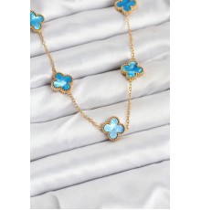 316L Çelik Zincir Gold Buz Mavisi Renk Yonca Kolye