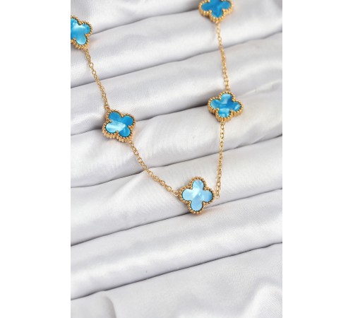 316L Çelik Zincir Gold Buz Mavisi Renk Yonca Kolye