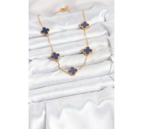 316L Çelik Zincir Gold Renk Lacivert Yonca Kadın Kolye