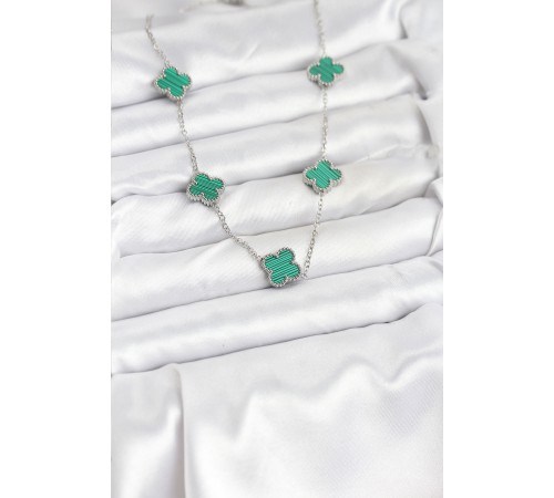 316L Çelik Zincir Gümüş Renk Yeşil Yonca Kadın Kolye