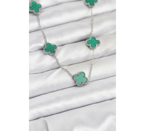 316L Çelik Zincir Gümüş Renk Yeşil Yonca Kadın Kolye