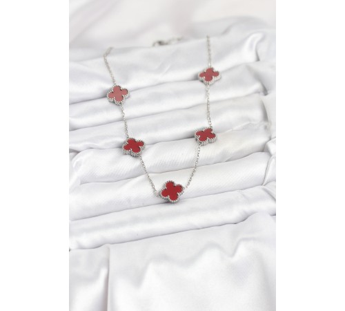 316L Çelik Zincir Gümüş Renk Bordo Renk Yonca Kadın Kolye