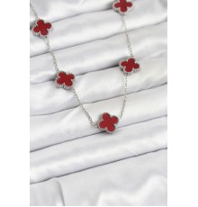 316L Çelik Zincir Gümüş Renk Bordo Renk Yonca Kadın Kolye