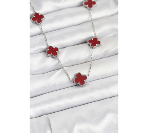 316L Çelik Zincir Gümüş Renk Bordo Renk Yonca Kadın Kolye