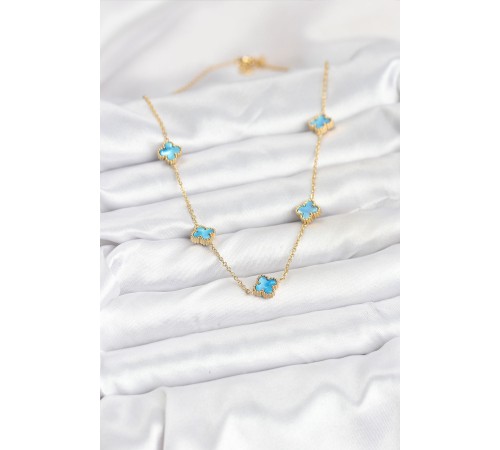 316L Çelik Zincir Gold Renk Buz Mavisi Baby Boy Yonca Kadın Kolye