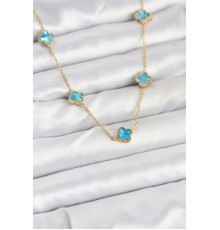 316L Çelik Zincir Gold Renk Buz Mavisi Baby Boy Yonca Kadın Kolye