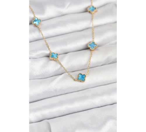 316L Çelik Zincir Gold Renk Buz Mavisi Baby Boy Yonca Kadın Kolye