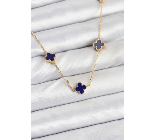 316L Çelik Zincir Gold Renk Lacivert Baby Boy Yonca Kadın Kolye