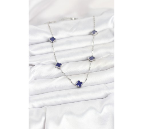 316L Çelik Zincir Gümüş Renk Lacivert Baby Boy Yonca Kadın Kolye