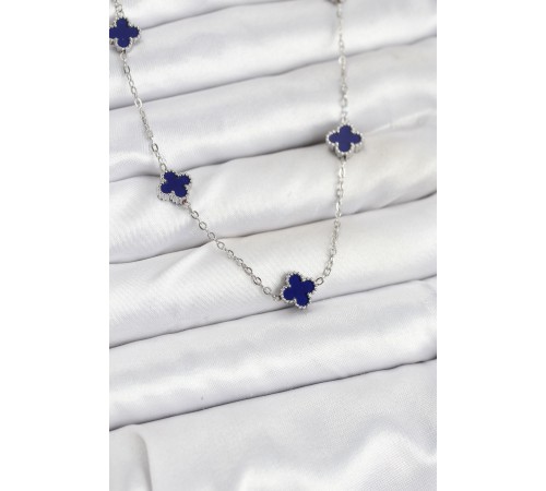 316L Çelik Zincir Gümüş Renk Lacivert Baby Boy Yonca Kadın Kolye