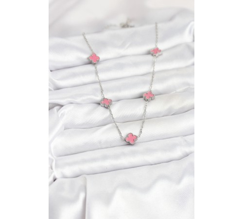 316L Çelik Zincir Gümüş Renk Pembe Baby Boy Yonca Kadın Kolye