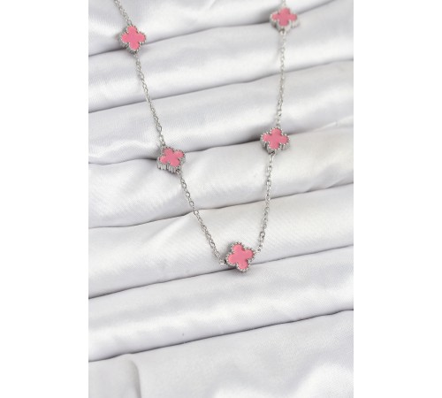 316L Çelik Zincir Gümüş Renk Pembe Baby Boy Yonca Kadın Kolye