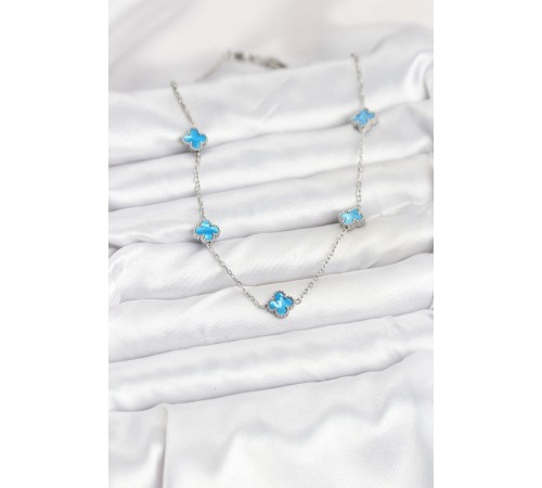 316L Çelik Zincir Gümüş Renk Buz Mavisi Baby Boy Yonca Kadın Kolye