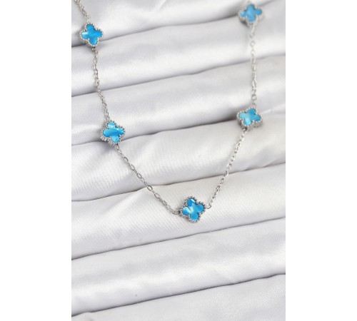 316L Çelik Zincir Gümüş Renk Buz Mavisi Baby Boy Yonca Kadın Kolye