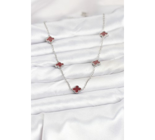 316L Çelik Zincir Gümüş Renk Bordo Baby Boy Yonca Kadın Kolye