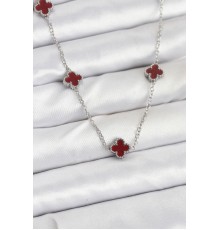 316L Çelik Zincir Gümüş Renk Bordo Baby Boy Yonca Kadın Kolye