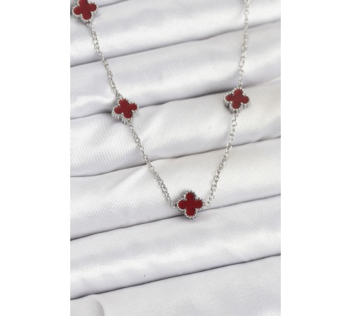 316L Çelik Zincir Gümüş Renk Bordo Baby Boy Yonca Kadın Kolye