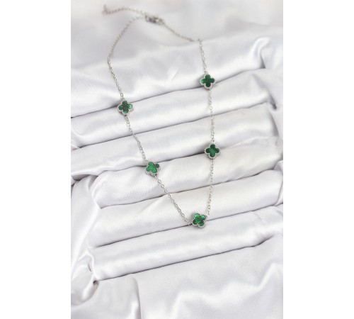 316L Çelik Zincir Gümüş Renk Yeşil Baby Boy Yonca Kadın Kolye