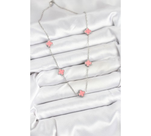 316L Çelik Zincir Gümüş Renk Pembe Baby Boy Yonca Kadın Kolye