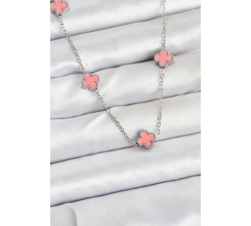 316L Çelik Zincir Gümüş Renk Pembe Baby Boy Yonca Kadın Kolye