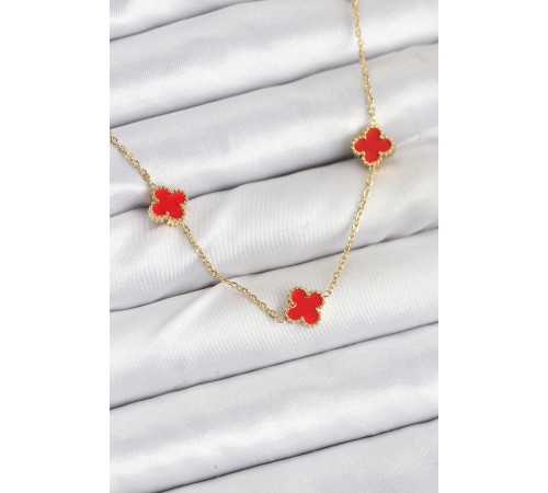 316L Çelik Zincir Gold Renk Kırmızı Baby Boy Yonca Kadın Kolye