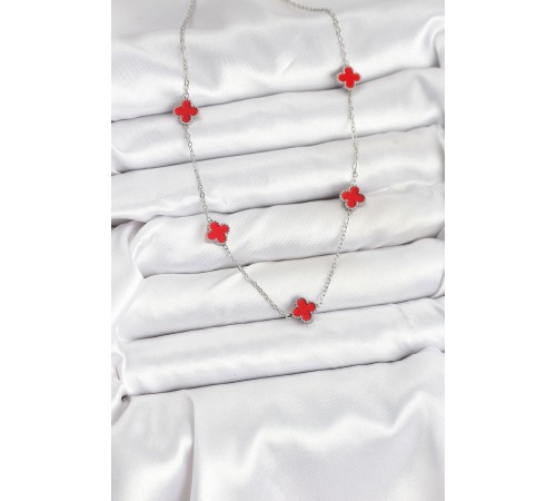 316L Çelik Zincir Gümüş Renk Kırmızı Baby Boy Yonca Kadın Kolye