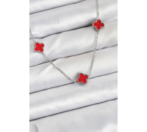 316L Çelik Zincir Gümüş Renk Kırmızı Baby Boy Yonca Kadın Kolye