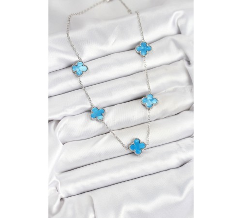 316L Çelik Zincir Gümüş Buz Mavisi Renk Yonca Kadın Kolye