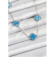 316L Çelik Zincir Gümüş Buz Mavisi Renk Yonca Kadın Kolye