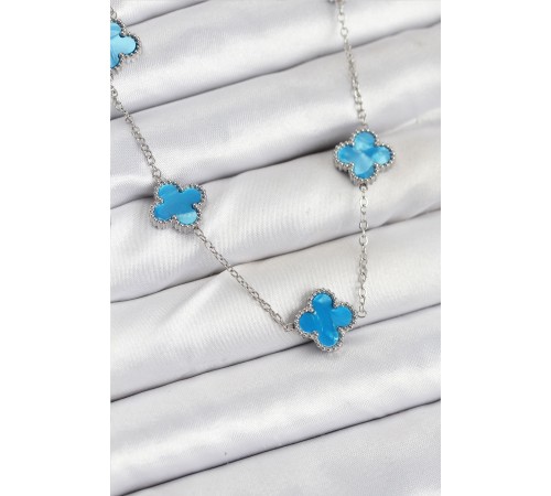 316L Çelik Zincir Gümüş Buz Mavisi Renk Yonca Kadın Kolye