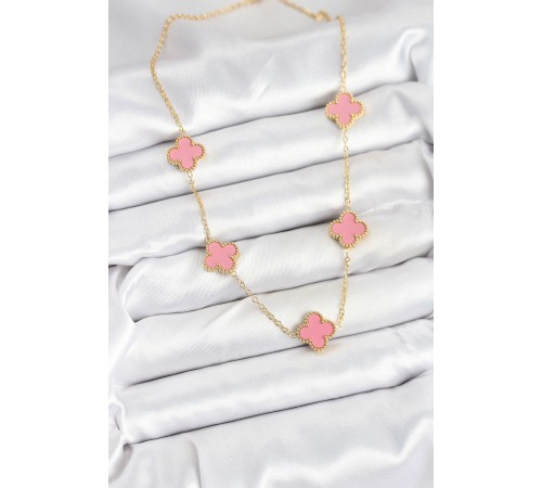 316L Çelik Zincir Gold Pembe Renk Yonca Kadın Kolye
