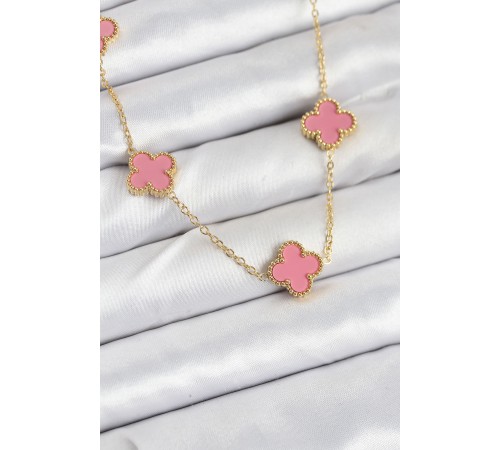 316L Çelik Zincir Gold Pembe Renk Yonca Kadın Kolye
