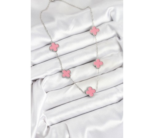 316L Çelik Zincir Gümüş Pembe Renk Yonca Kadın Kolye