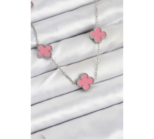 316L Çelik Zincir Gümüş Pembe Renk Yonca Kadın Kolye