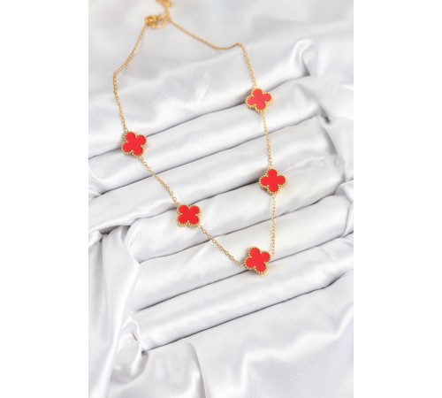 316L Çelik Zincir Gold Kırmızı Renk Yonca Kadın Kolye