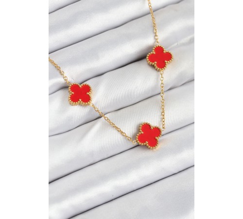 316L Çelik Zincir Gold Kırmızı Renk Yonca Kadın Kolye