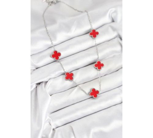 316L Çelik Zincir Gümüş Kırmızı Renk Yonca Kadın Kolye