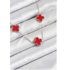 316L Çelik Zincir Gümüş Kırmızı Renk Yonca Kadın Kolye