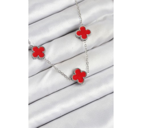 316L Çelik Zincir Gümüş Kırmızı Renk Yonca Kadın Kolye