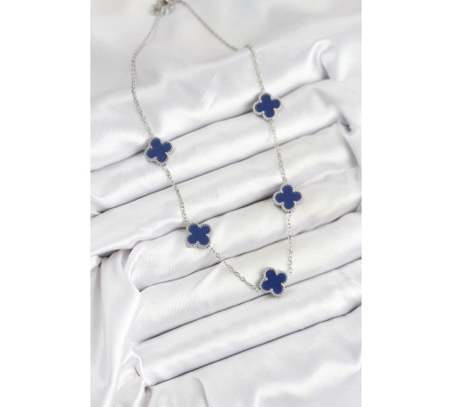 316L Çelik Zincir Gümüş Lacivert Renk Yonca Kadın Kolye