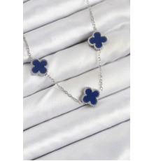316L Çelik Zincir Gümüş Lacivert Renk Yonca Kadın Kolye