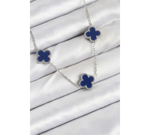 316L Çelik Zincir Gümüş Lacivert Renk Yonca Kadın Kolye