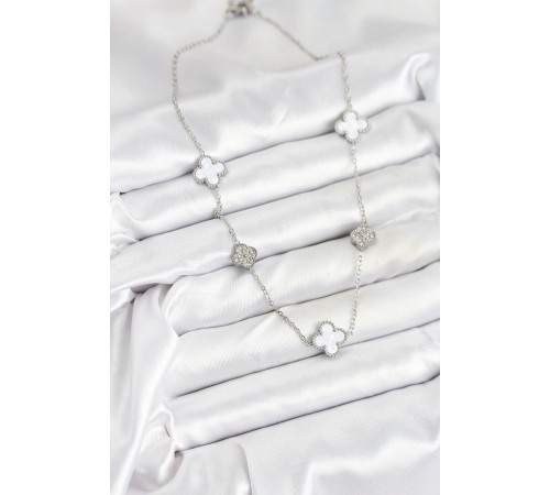 316L Çelik Zincir Gümüş Renk Beyaz ve Zirkon Taşlı Yonca Kadın Kolye
