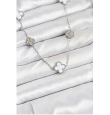316L Çelik Zincir Gümüş Renk Beyaz ve Zirkon Taşlı Yonca Kadın Kolye