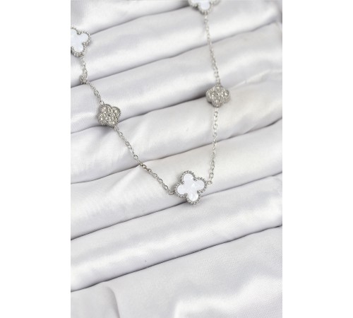316L Çelik Zincir Gümüş Renk Beyaz ve Zirkon Taşlı Yonca Kadın Kolye