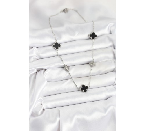 316L Çelik Zincir Gümüş Renk Siyah ve Zirkon Taşlı Yonca Kadın Kolye