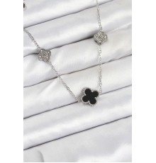 316L Çelik Zincir Gümüş Renk Siyah ve Zirkon Taşlı Yonca Kadın Kolye