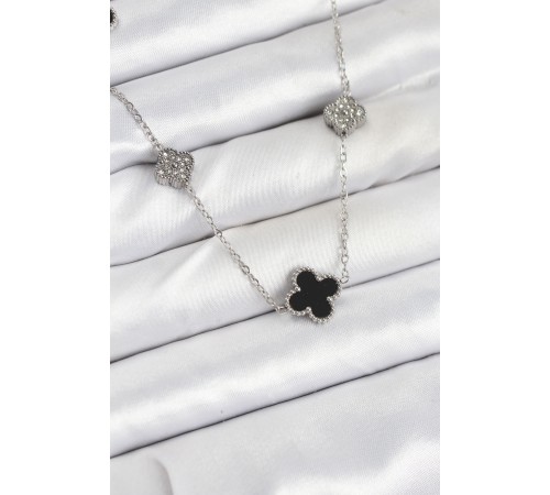 316L Çelik Zincir Gümüş Renk Siyah ve Zirkon Taşlı Yonca Kadın Kolye