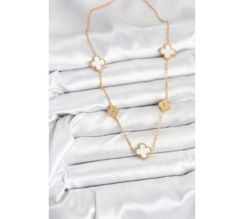 316L Çelik Zincir Gold Renk Beyaz ve Zirkon Taşlı Yonca Kadın Kolye