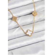 316L Çelik Zincir Gold Renk Beyaz ve Zirkon Taşlı Yonca Kadın Kolye